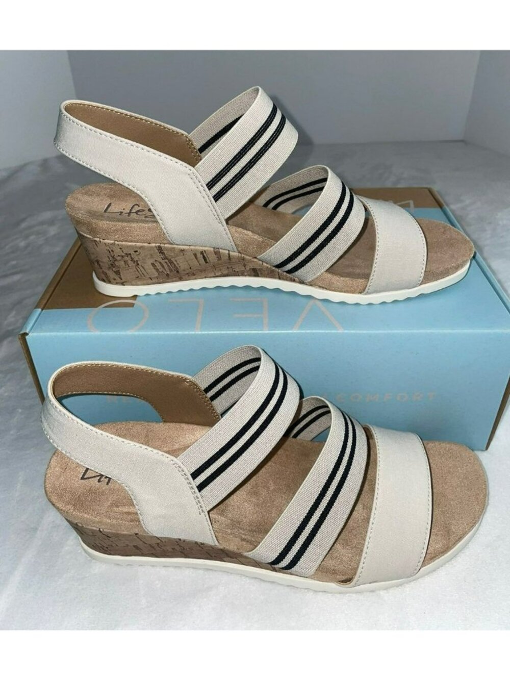 LifeStride Womens Zing Stretch Sandal Bone Micron Size 7M With Cork Wedge & Elas